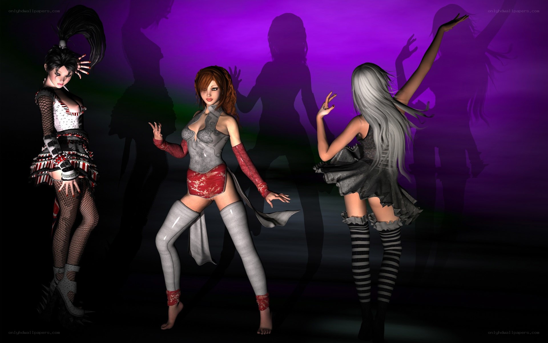 Three female characters dancing