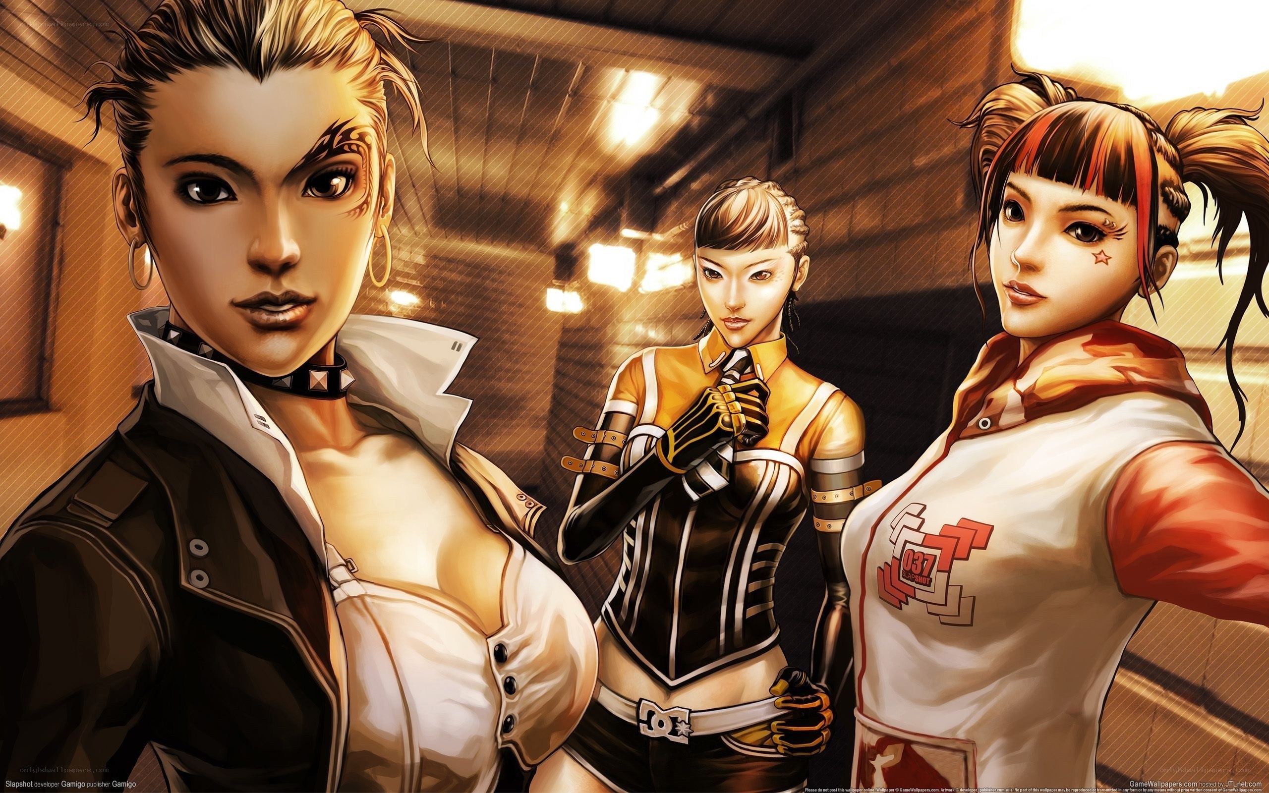 three female characters in a corridor