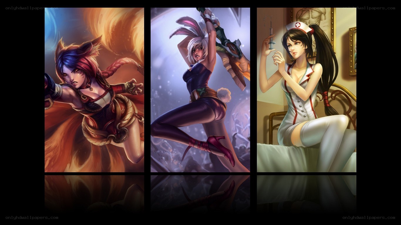 Three female characters in different outfits