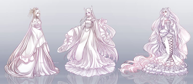 Three Female Characters in Dresses