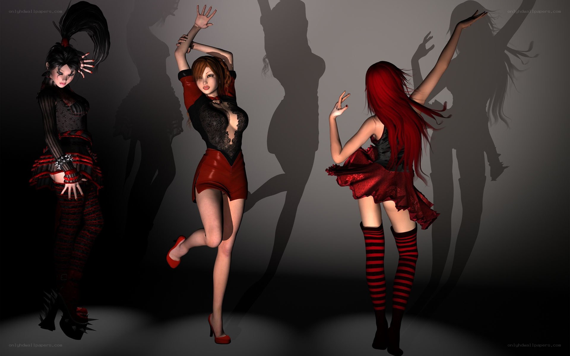 Three female characters in red and black