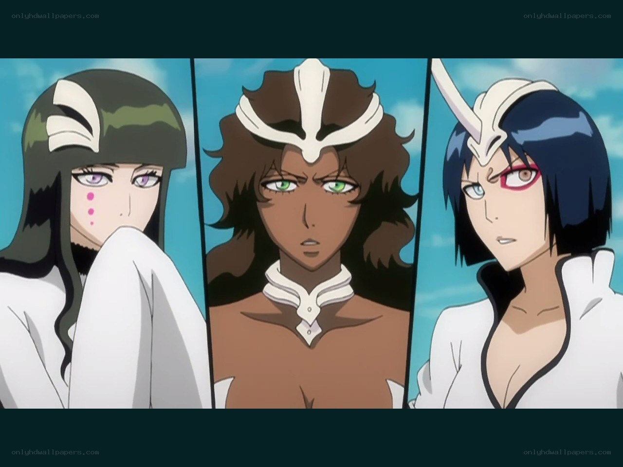 three female characters in white uniforms