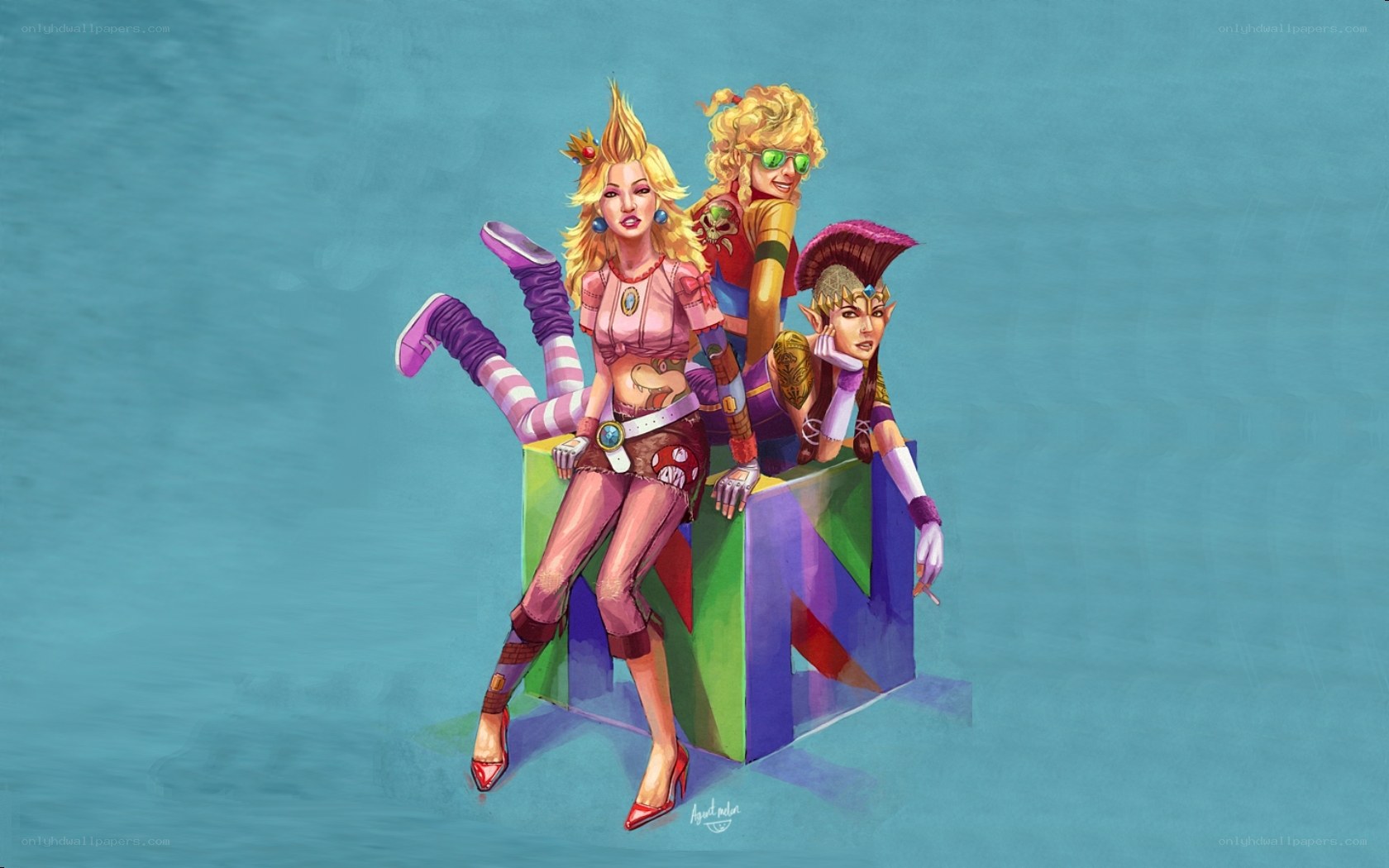 Three female characters on a block