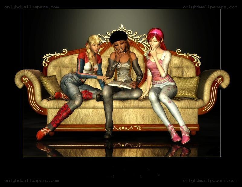 Three female characters on a couch