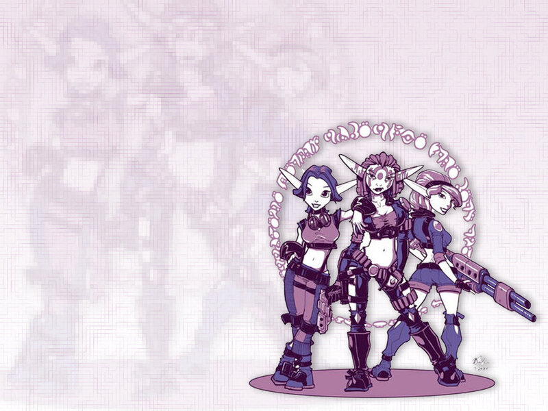 Three Female Characters — Purple, Confident, Digital Art