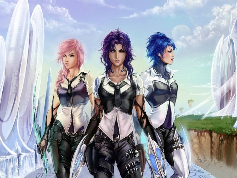 Three Female Characters — Purple, Dramatic, Afternoon, Digital Art