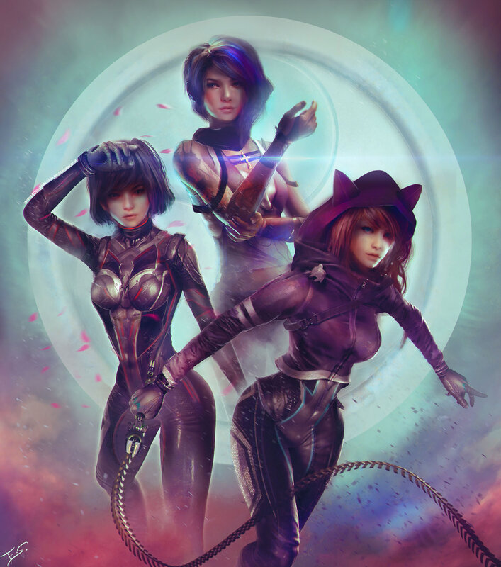 Three Female Characters — Purple, Dramatic, Digital Art, Cat Ears