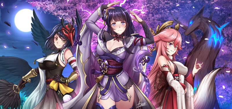 Three Female Characters — Purple, Dramatic, Night, Digital Art