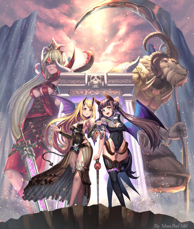 Three Female Characters — Purple, Dramatic, Sunset