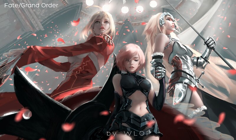 Three Female Characters — Red, Dramatic, Digital Art, Armor