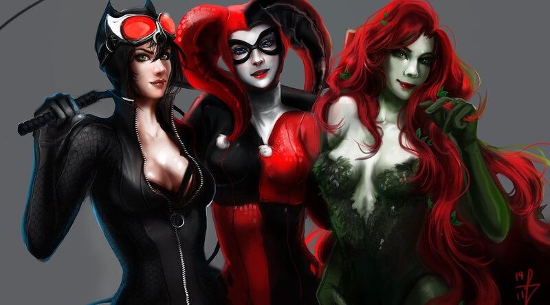 Three Female Characters — Red, Dramatic, Digital Art, Gloves