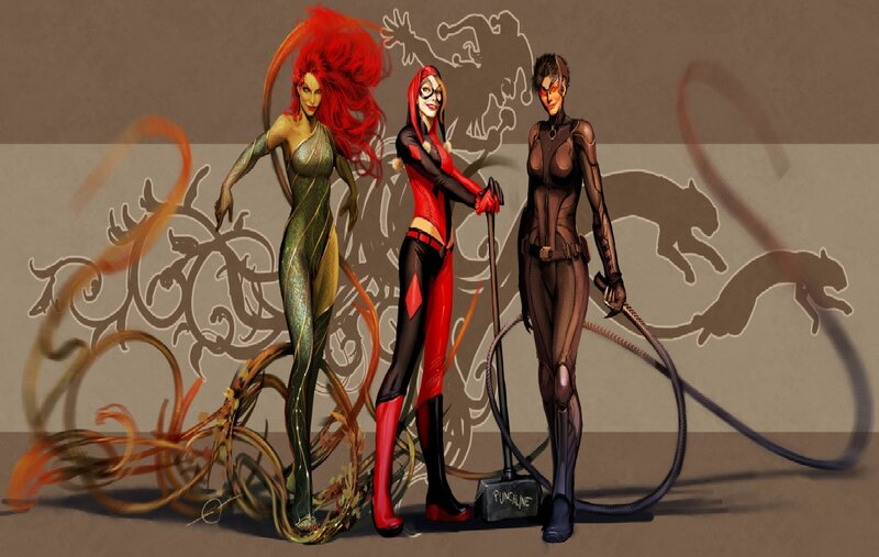 Three Female Characters — Red, Dramatic, Digital Art