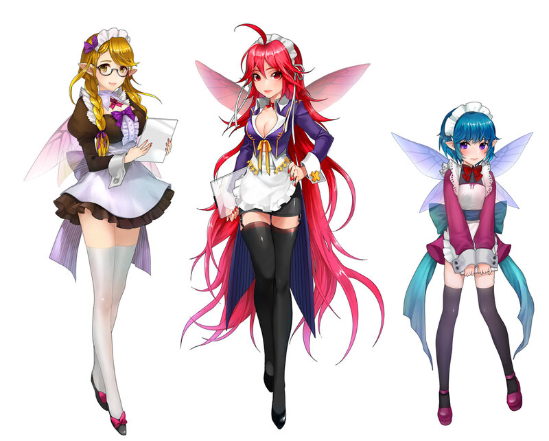Three Female Characters — Red, Playful