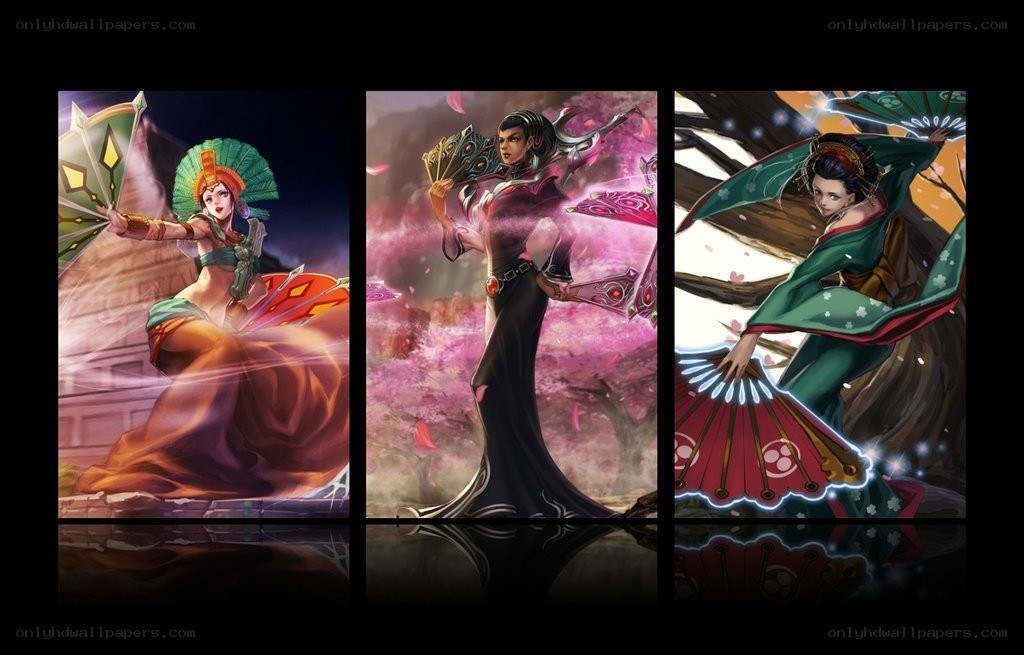 Three female characters with fans