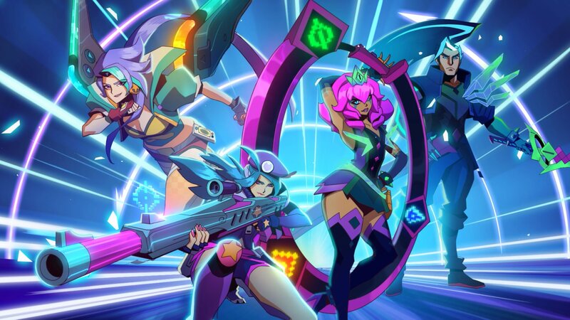Three Female Characters with Weapons — Blue