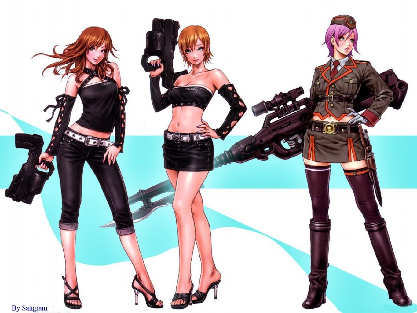 Three female characters with weapons