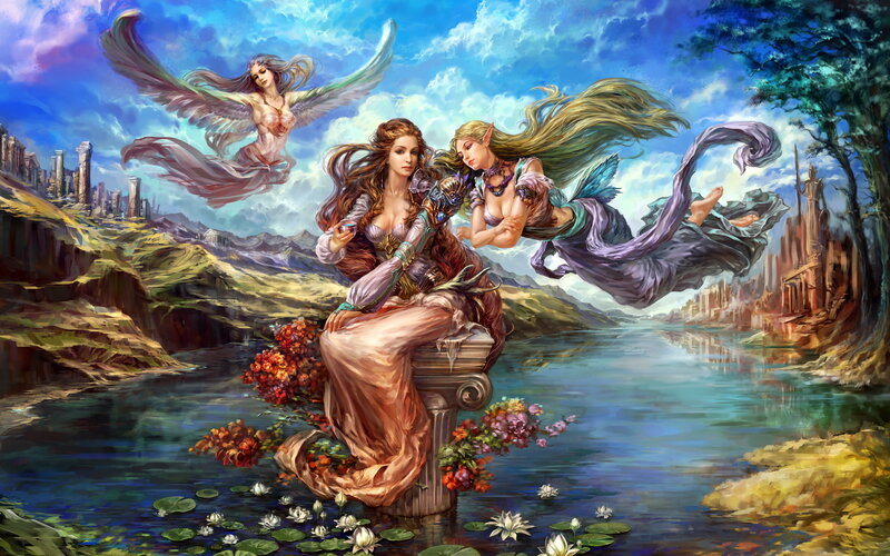 Three Female Figures by River — Blue, Serene, Afternoon