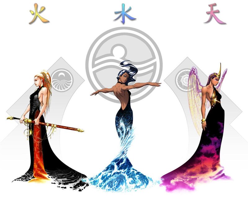 Three Female Figures with Elemental Themes