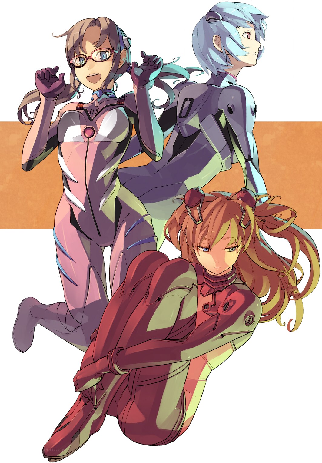Three female pilots in mecha suits