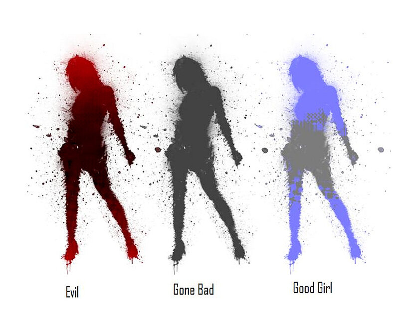 three female silhouettes in red black and blue