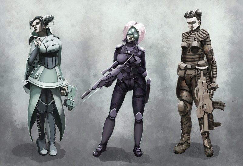 Three female soldiers in futuristic armor