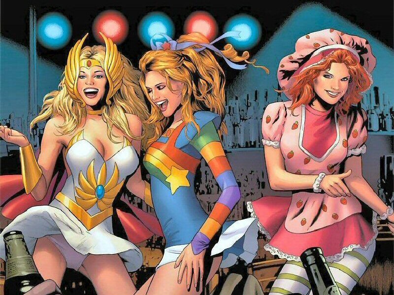 Three female superheroes at a party