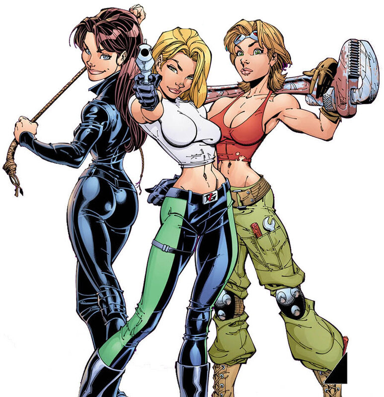 three female superheroes in action