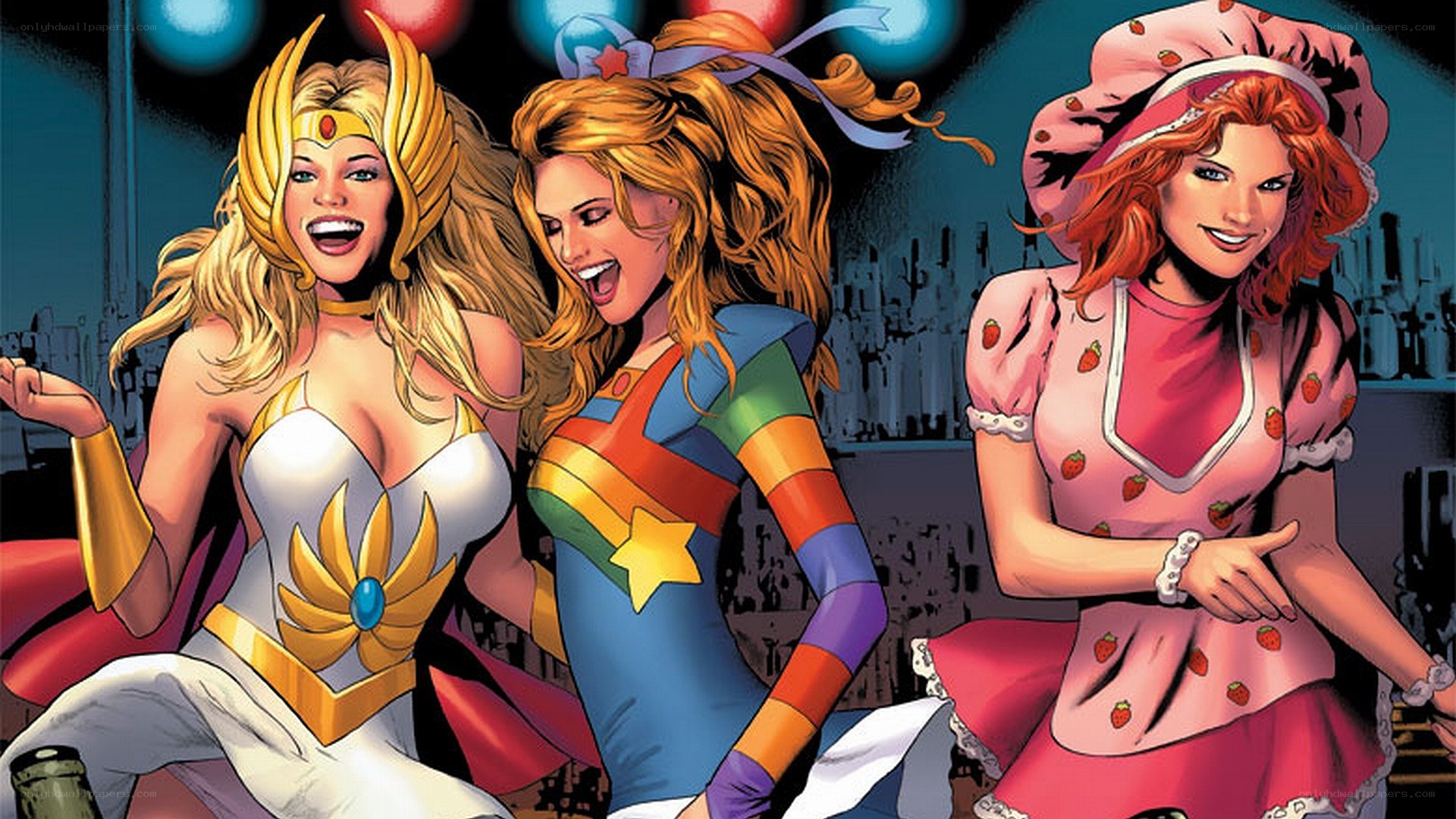 three female superheroes in costumes