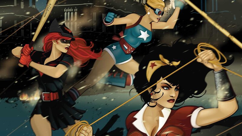 Three Female Superheroes — Red, Dramatic, Night