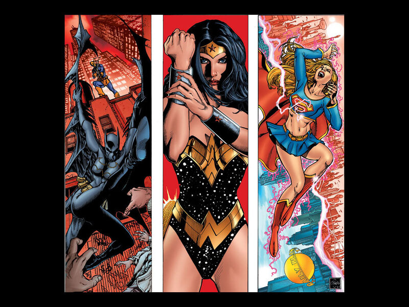 Three Female Superheroes — Red, Dramatic