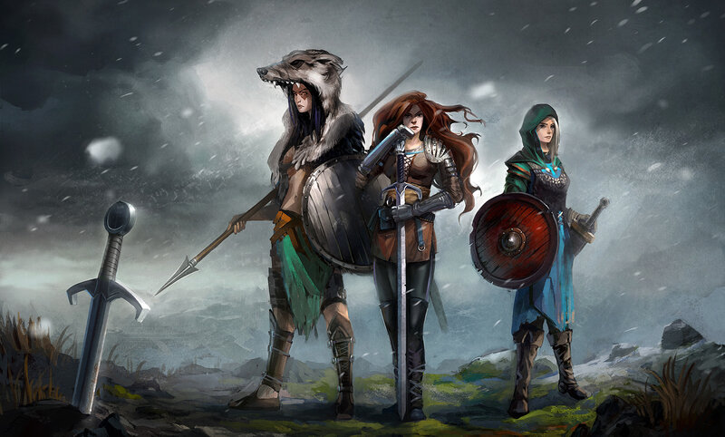 Three Female Warriors — Gray, Dramatic