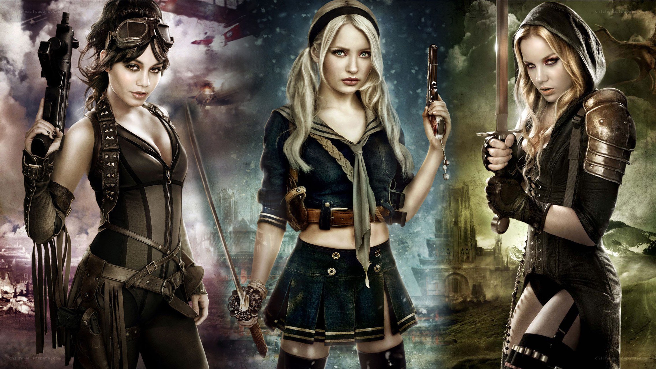 three female warriors in action