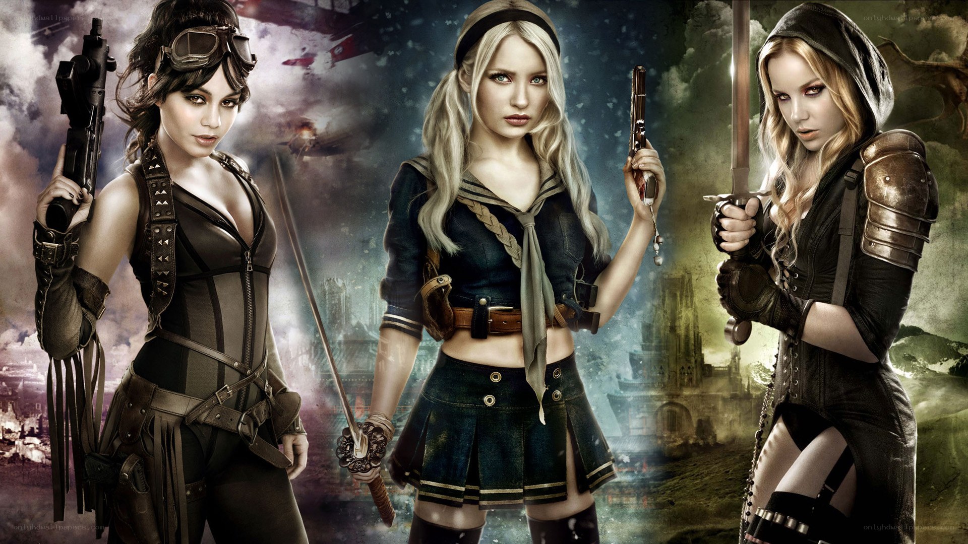 three female warriors in action