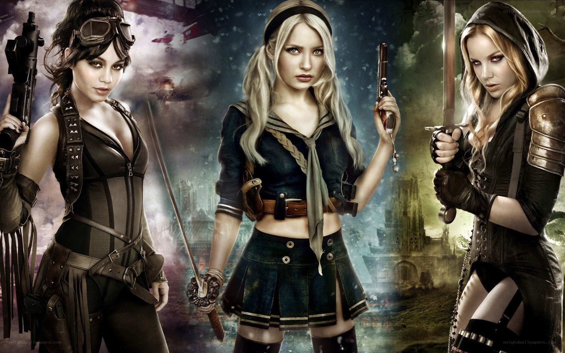 three female warriors in action