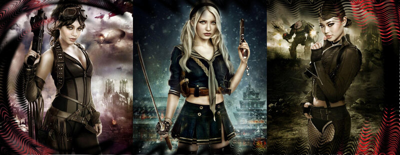 Three female warriors in action poses