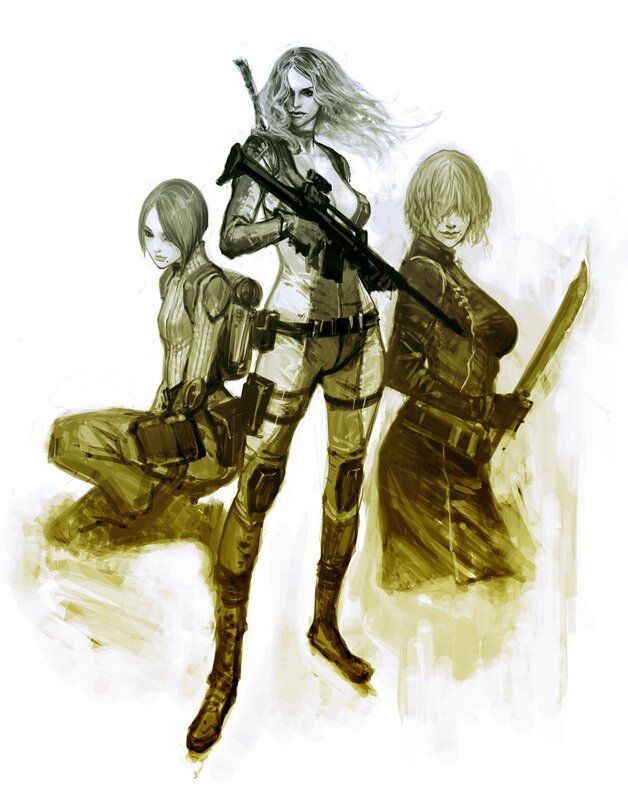 three female warriors in combat gear
