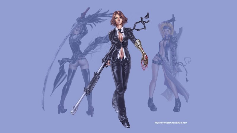 Three Female Warriors — Purple, Dramatic, Digital Art, Swords, Gun