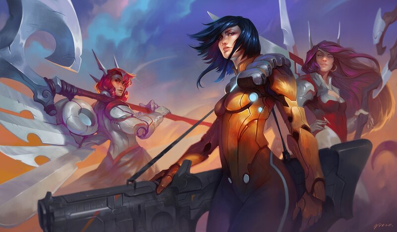 Three Female Warriors — Purple, Dramatic, Sunset