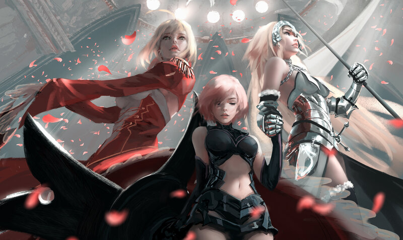 Three Female Warriors — Red, Dramatic, Digital Art