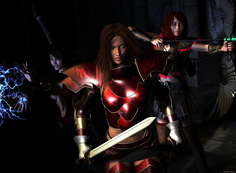 Three Female Warriors — Red, Dramatic, Night