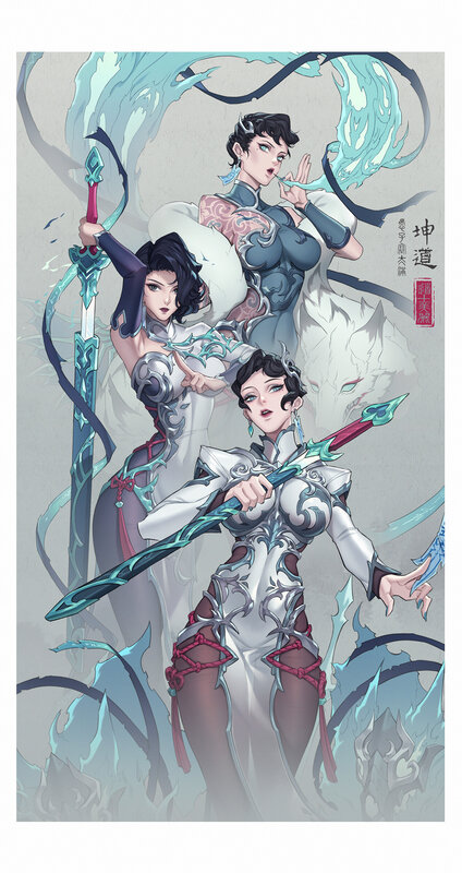 Three Female Warriors — White, Dramatic, Digital Art