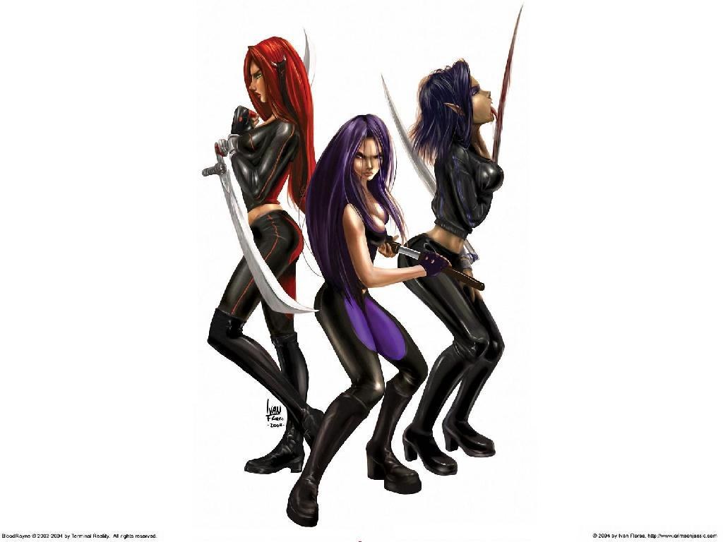 three female warriors with swords