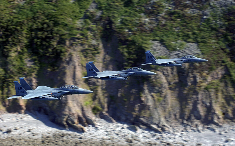 Three Fighter Jets — Gray, Dynamic, Afternoon