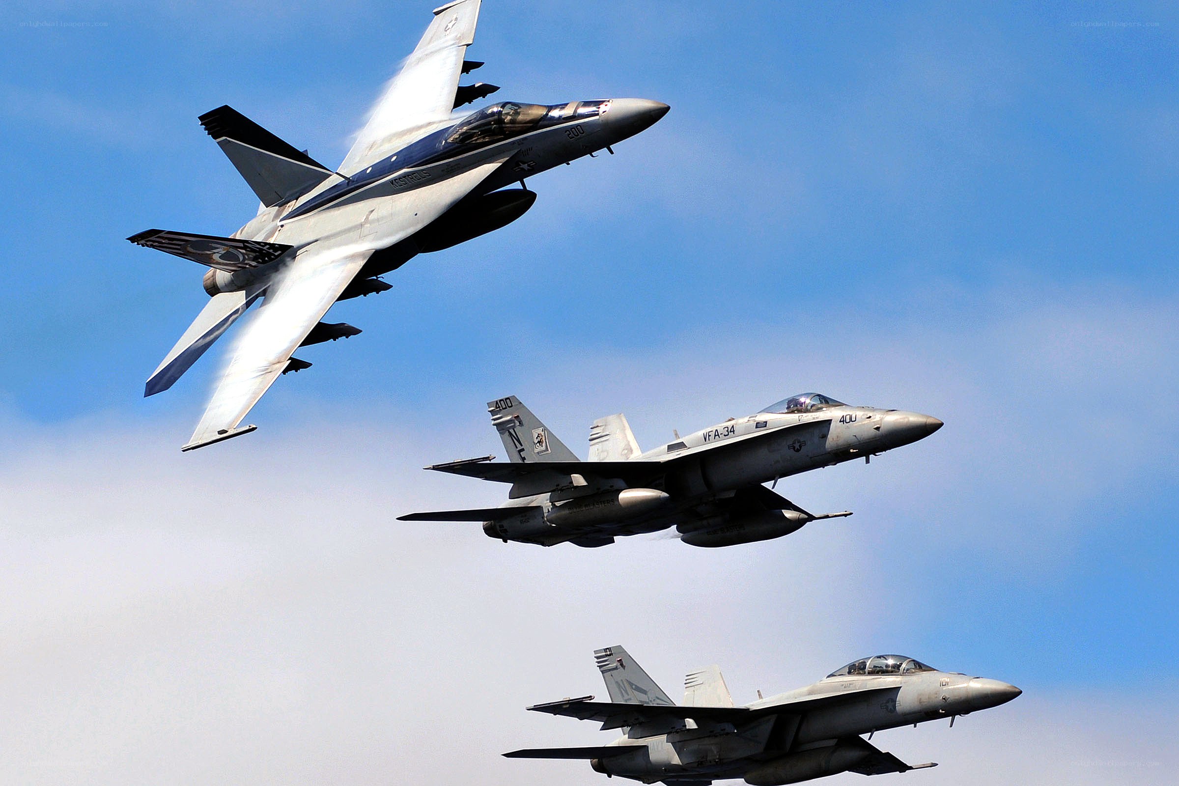 Three fighter jets in formation