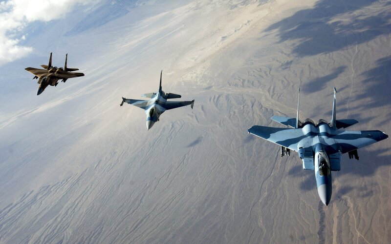Three Fighter Jets in Formation — Blue, Aerial, Afternoon