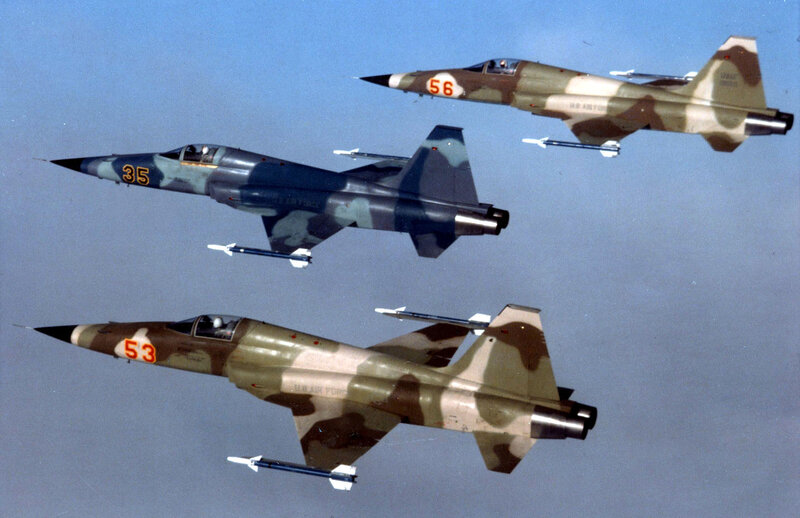 Three Fighter Jets in Formation — Blue, Aerial
