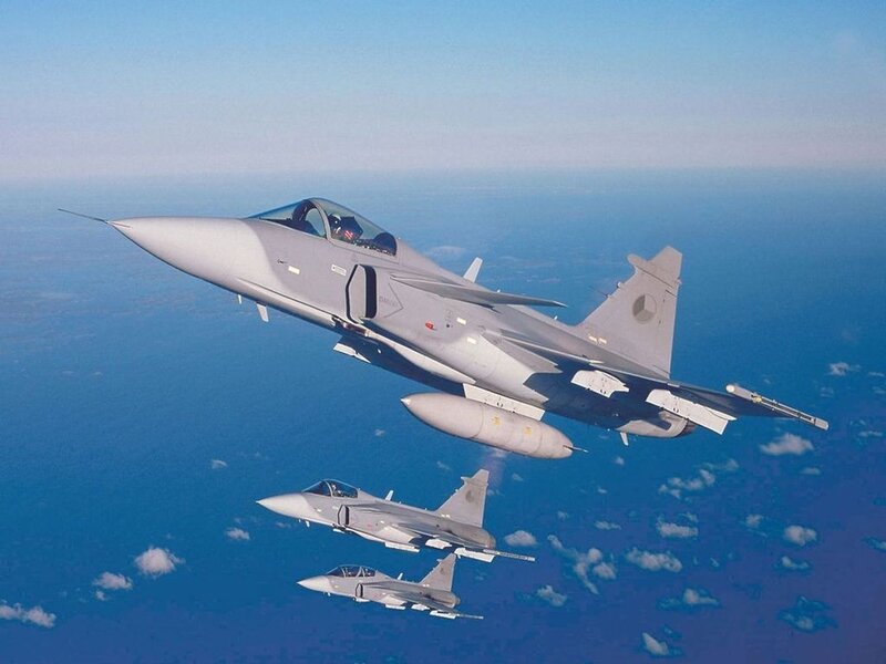 Three Fighter Jets in Formation — Blue, Calm, Afternoon, Photograph, Aircraft, Ocean