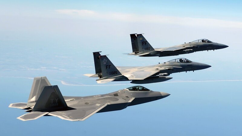 Three Fighter Jets in Formation — Blue, Calm, Afternoon, Photograph, Aircraft, Sky, Clouds