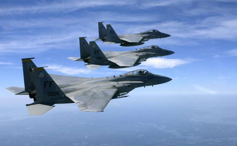 Three Fighter Jets in Formation — Blue, Calm, Afternoon, Photograph, Aircraft