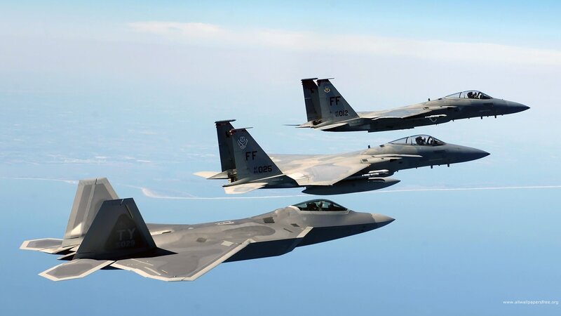 Three Fighter Jets in Formation — Blue, Calm, Afternoon